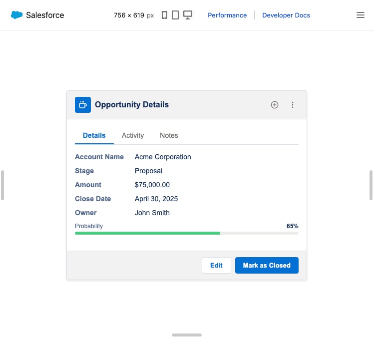 Single Component Live Preview in the browser Salesforce Live Preview showing a single Lightning web component in the browser