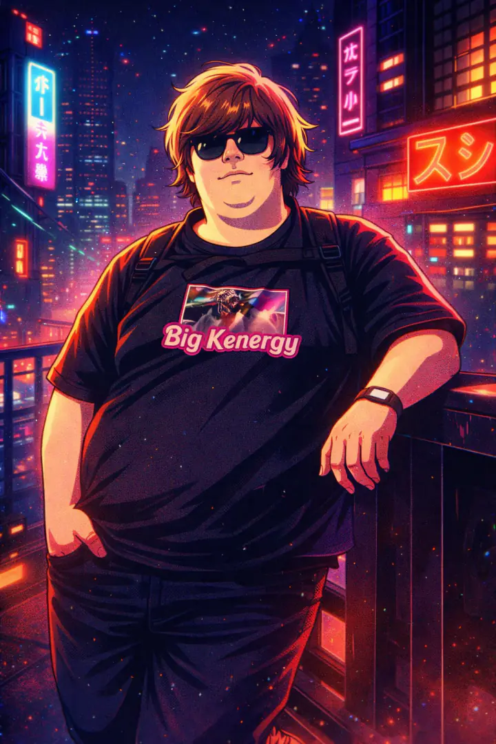 Illustrated portrait of Karl Livesey in a neon city at night